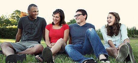 4 junge Menschen sitzen im Gras