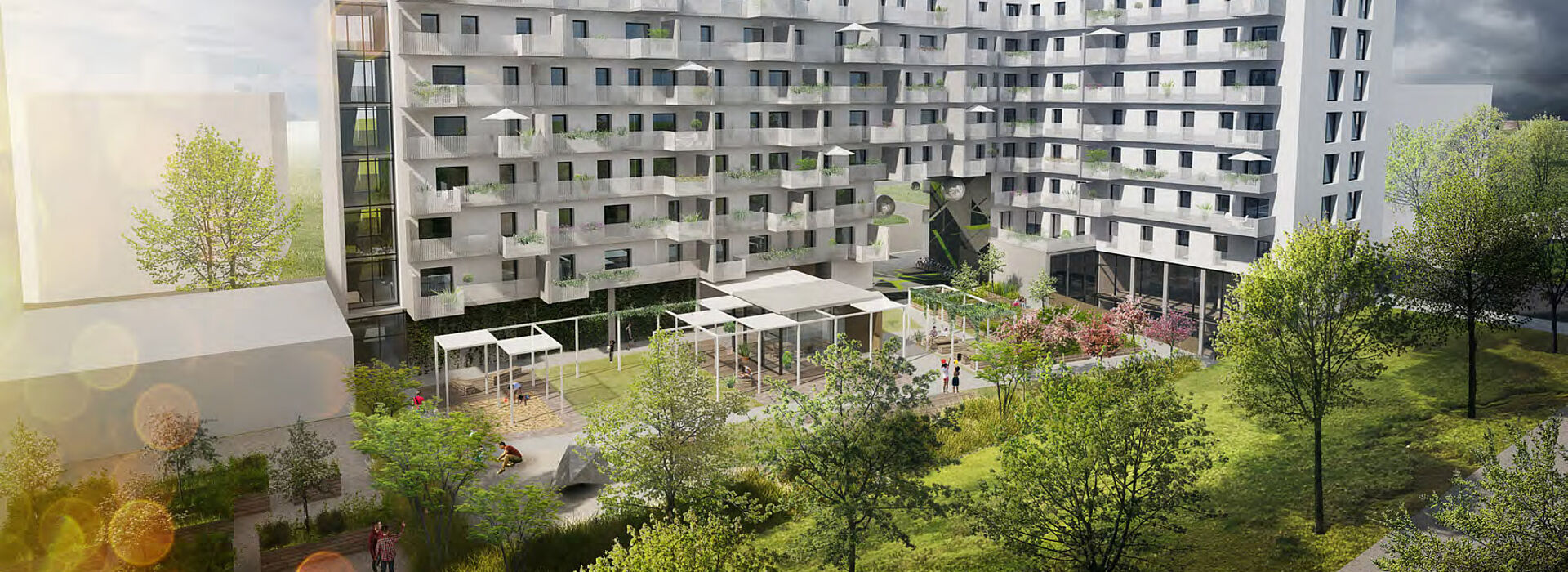 Rendering-Ansicht des neuen Wohnblocks im Sonnwendviertel