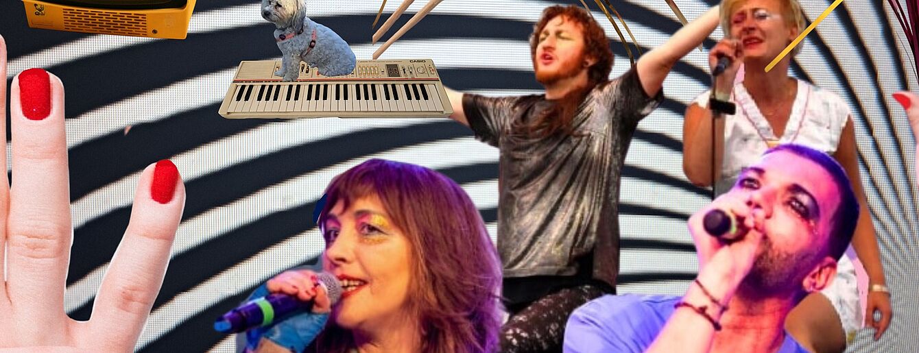 Collage mit mehreren Sängerinnen und Sängern, einer Hand mit rotem Nagellack, einem kleinen Hund auf einer Klaviertastatur und einem orangefarbenen Gerät vor einem schwarz-weißen spiralförmigen Hintergrund