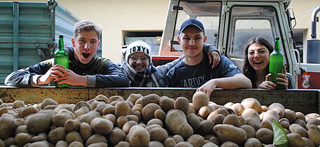 4 Jugendliche stehen hiner einem Haufen Kartoffeln