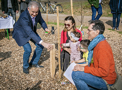 Bürgermeister Karl Grammanitsch und eine Familie beim Einpflanzen eines Baumes