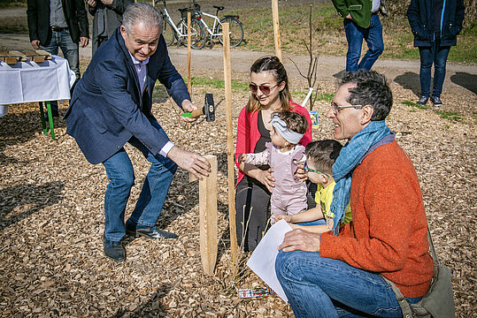 Bürgermeister Karl Grammanitsch und eine Familie beim Einpflanzen eines Baumes
