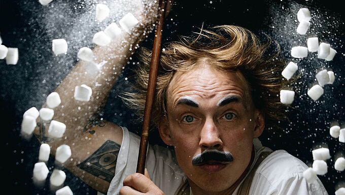 Person mit hochgekrempelten Ärmeln hält einen langen Stab, umgeben von fliegenden kleinen weißen Würfeln und weißem Pulver vor dunklem Hintergrund.