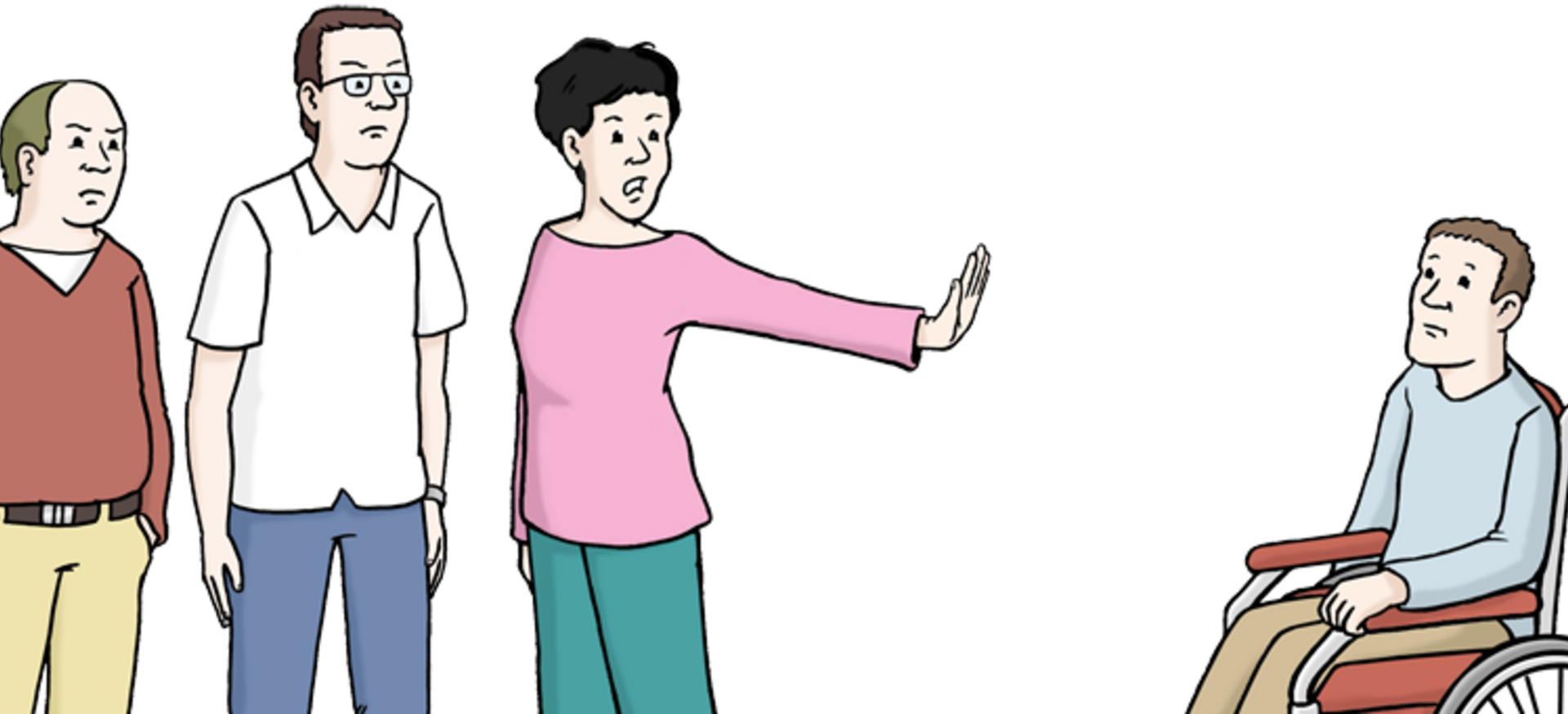 Eine Illustration zeigt drei stehende Personen. Sie wenden sich ab und halten eine Hand abwehrend einem Mann im Rollstuhl gegenüber