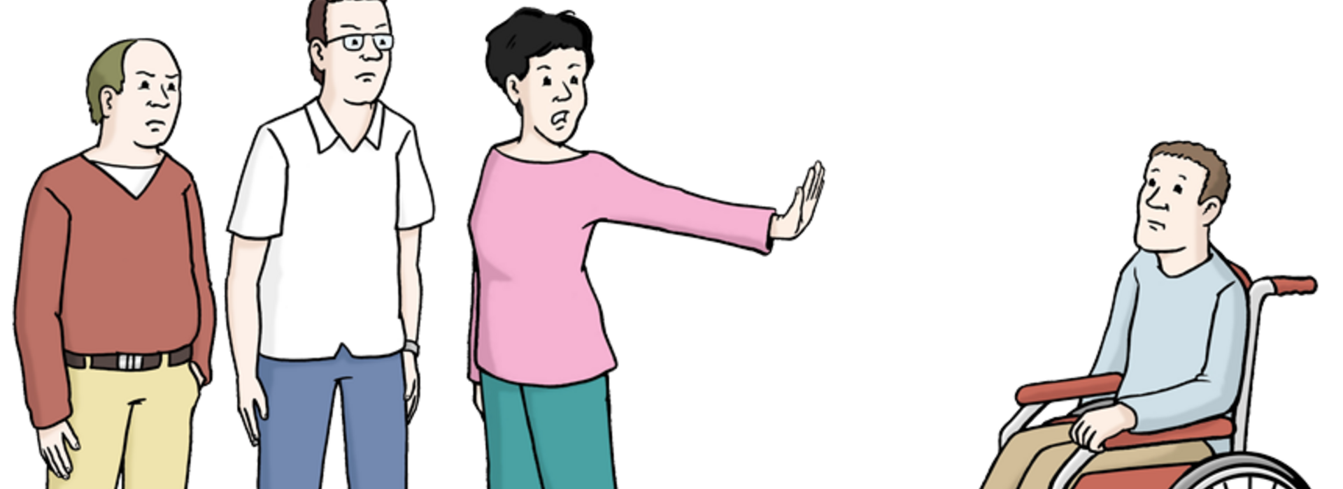 Eine Illustration zeigt drei stehende Personen. Sie wenden sich ab und halten eine Hand abwehrend einem Mann im Rollstuhl gegenüber