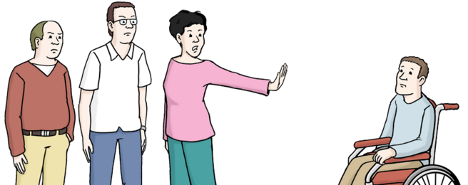 Eine Illustration zeigt drei stehende Personen. Sie wenden sich ab und halten eine Hand abwehrend einem Mann im Rollstuhl gegenüber