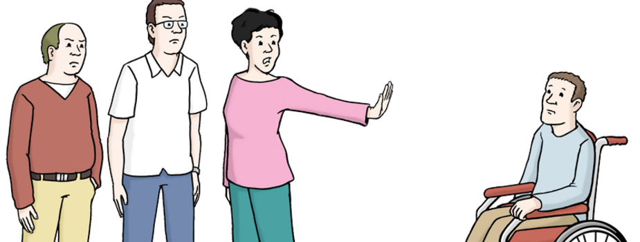 Eine Illustration zeigt drei stehende Personen. Sie wenden sich ab und halten eine Hand abwehrend einem Mann im Rollstuhl gegenüber
