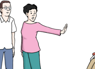 © Lebens-Hilfe Bremen e.V., Illustrator Stefan Albers, Atelier Fleetinsel, 2013 Eine Illustration zeigt drei stehende Personen. Sie wenden sich ab und halten eine Hand abwehrend einem Mann im Rollstuhl gegenüber