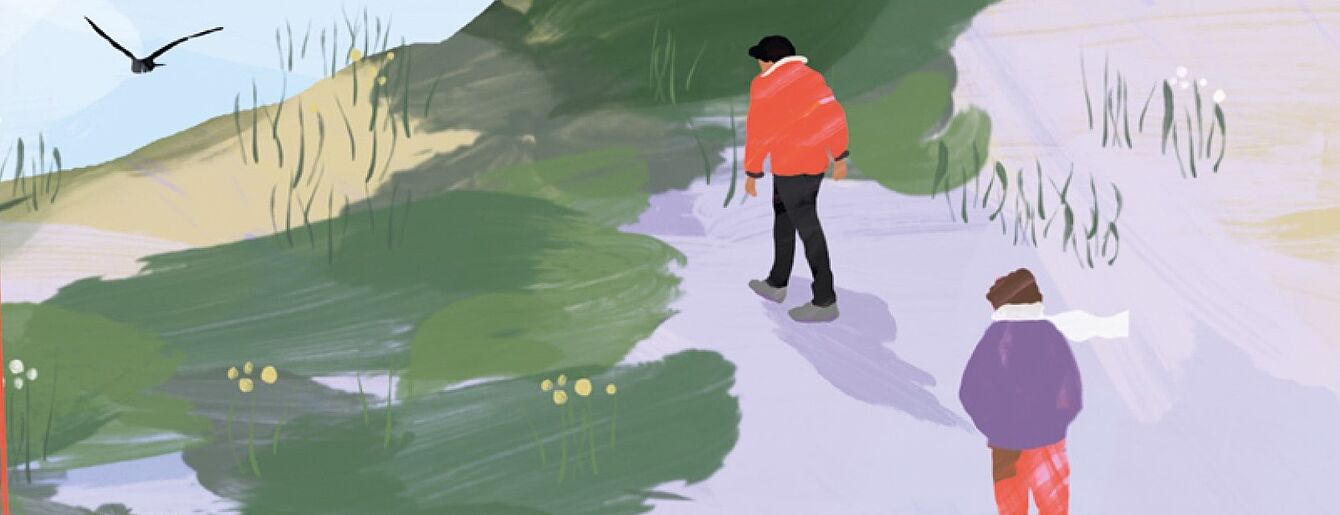 ein Aquarellbild: zwei Personen gehen einen Hügel hinauf in Richtung Horizont.