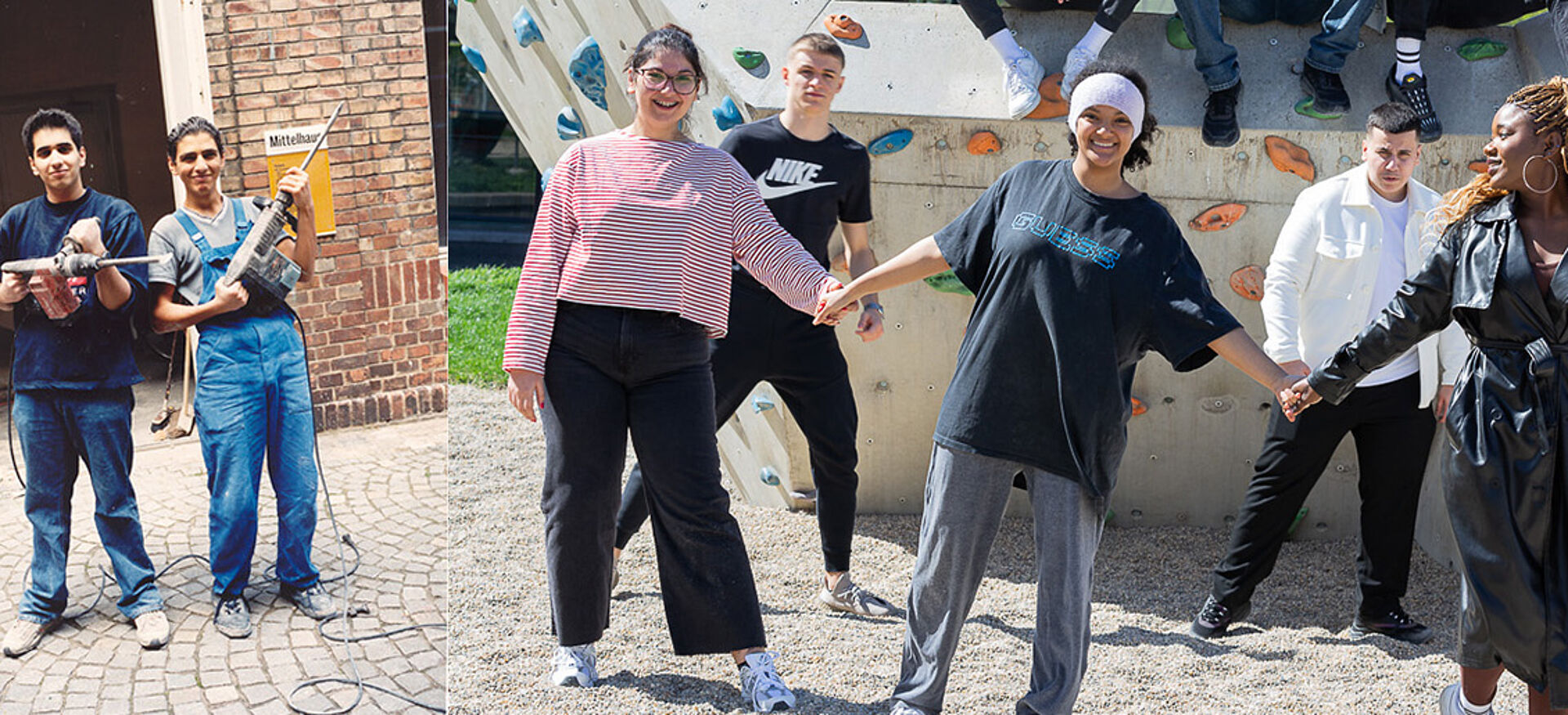 Links ein Foto mit zwei Jugendlichen mit Werkzeug vor Backsteinmauer und rechts eine Gruppe Jugendlicher, die sich vor einer Kletterwand an den Händen hält.