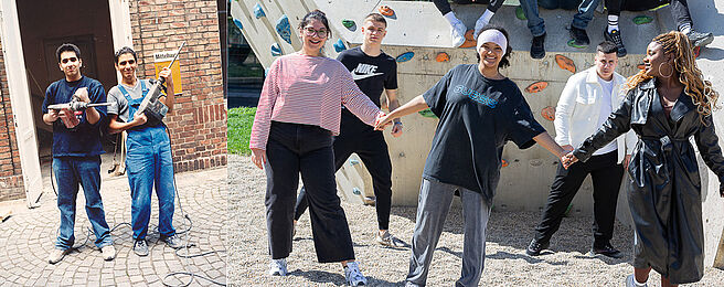 Links ein Foto mit zwei Jugendlichen mit Werkzeug vor Backsteinmauer und rechts eine Gruppe Jugendlicher, die sich vor einer Kletterwand an den Händen hält.