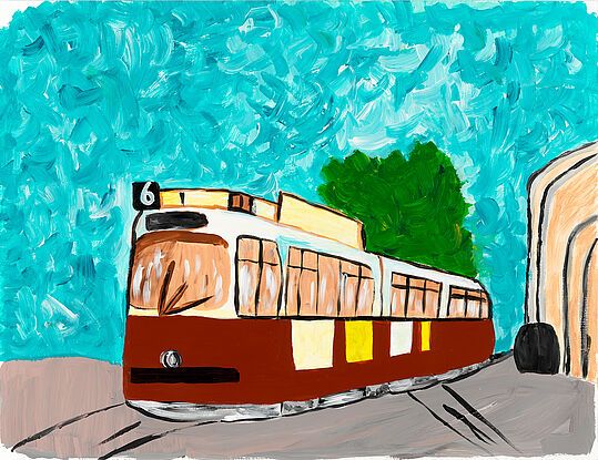 Ein gemaltes Bild von einer Wiener Straßenbahn