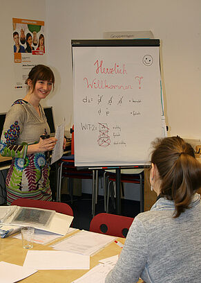 WUK CoachingPlus-Mitarbeiterin erklärt einer Jugendlichen am Flipchart die Testung