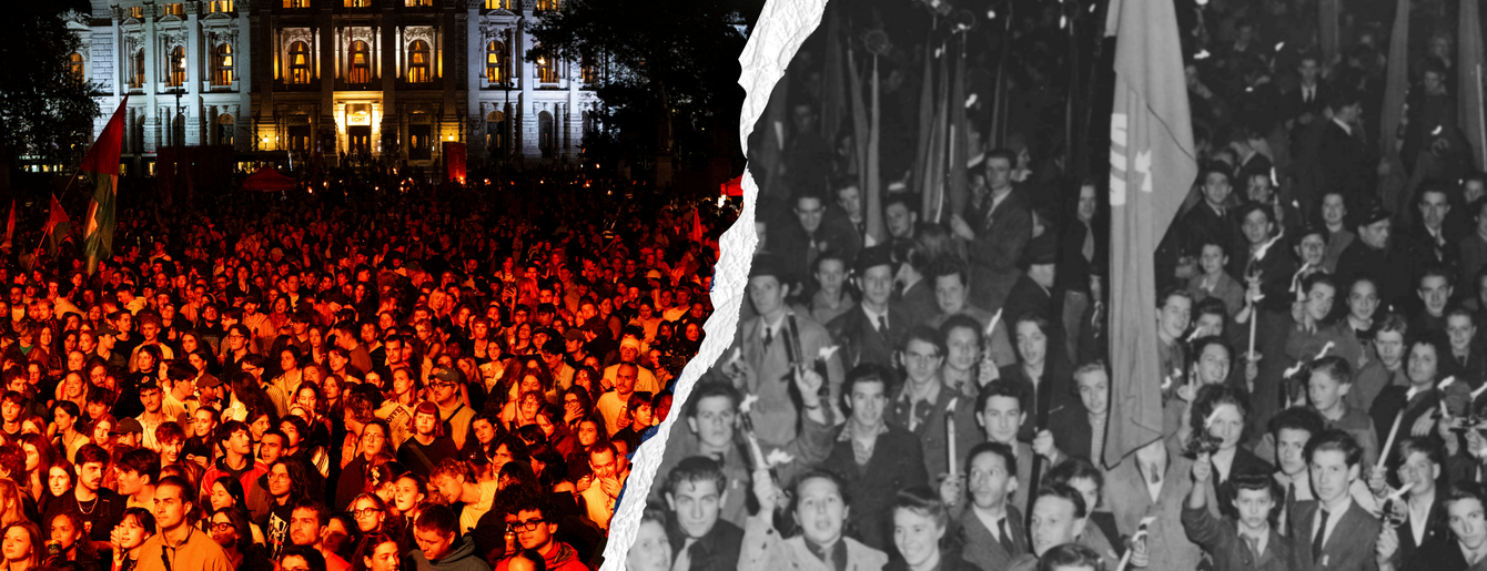 Eine historische und einen zeitgenössische Ansicht eines Fackelzuges auf einem Bild