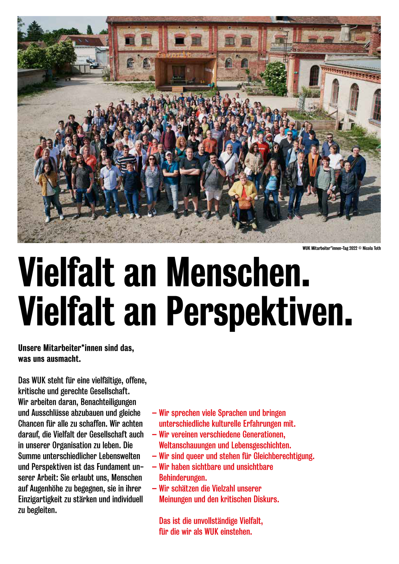 Ausstellungsplakat der Ausstellung 45 Jahre WUK Bildung und Beratung mit historischen Fotos und der Überschrift "Vielfalt an Menschen. Vielfalt an Perspektiven."