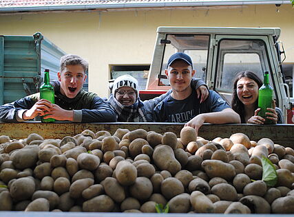4 Jugendliche hinter einer Ladung Kartoffeln