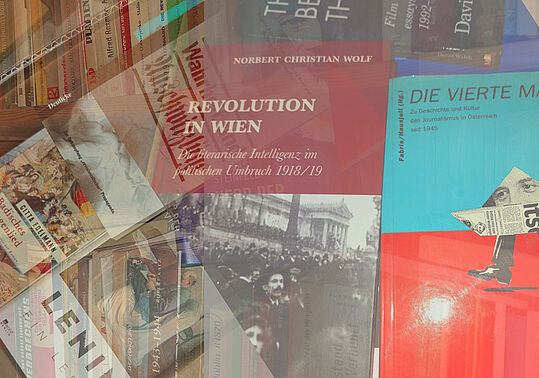 Bücherstapel mit Titeln zu Geschichte und Politik, darunter 'Revolution in Wien' und 'Lenin'