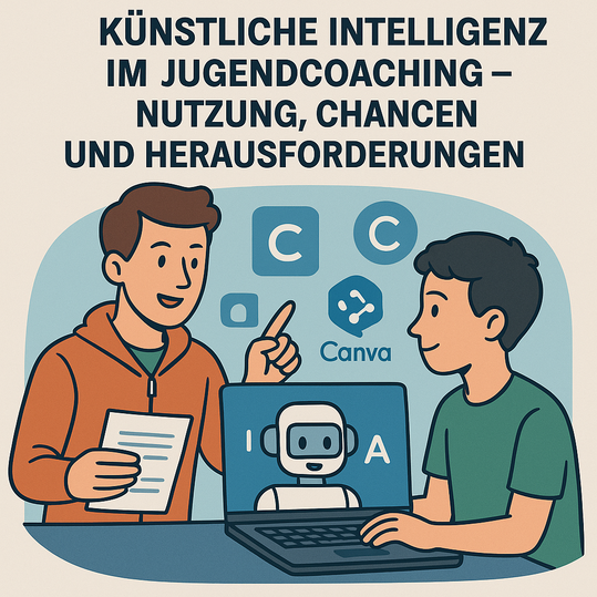 Eine Illustration mit zwei Personen, die an einem Tisch sitzen, eine hält ein Blatt, die andere bedient einen Laptop mit einem Roboter-Icon auf dem Bildschirm, darüber der Text 'Künstliche Intelligenz im Jugendcoaching – Nutzung, Chancen und Herausforderungen'.