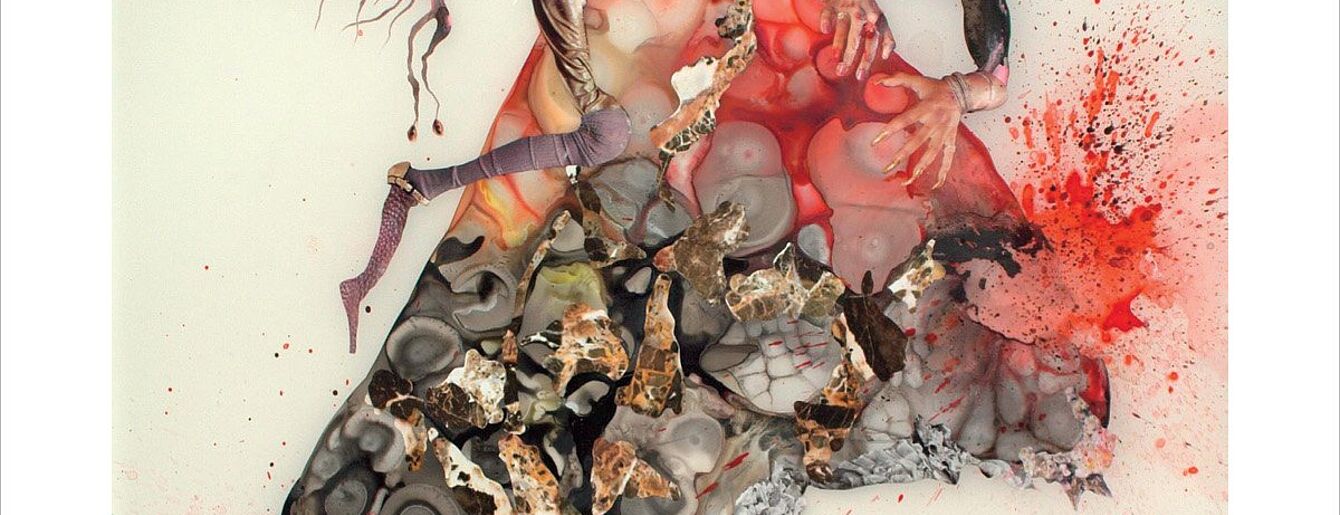  surreal, abstract artwork. The composition features various organic forms, suggestive of human figures, intertwined and overlapping. The forms are rendered with a mix of textures and colors. Some areas appear as if they are sculpted or layered, while others have a painterly quality. Hues range from pale creamish-beige backgrounds to deep, muted tones of pink, brown, and grey, reminiscent of fleshy or decaying skin. There are also areas of stark red, resembling blood splatter or a dramatic highlight. 