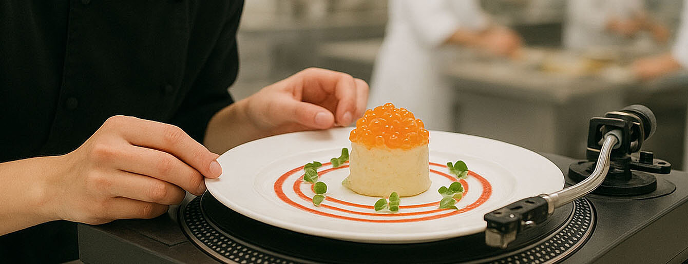 Ein Plattenteller auf dem ein Teller liegt auf demeine kleine Pastete mit rotem Kaviar liegt