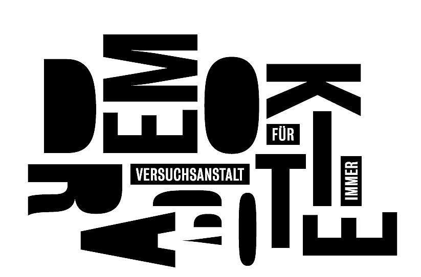 Schwarz-weiße Wortcollage mit den Worten: Versuchsanstalt für immer verschiedenen Schriftgrößen und Ausrichtungen