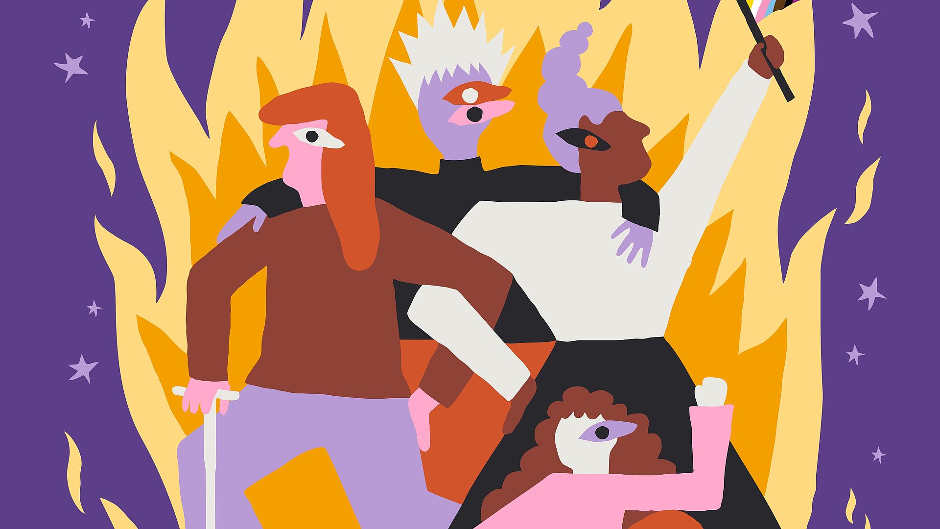 Vier stilisierte Personen vor einer großen Flammenkulisse, eine Person hält eine Regenbogenfahne