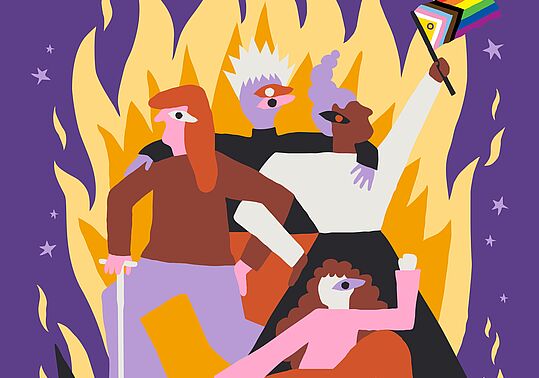 Vier stilisierte Personen vor einer großen Flammenkulisse, eine Person hält eine Regenbogenfahne