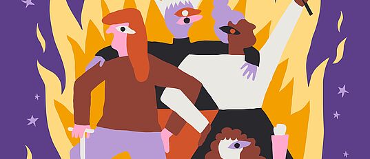 Vier stilisierte Personen vor einer großen Flammenkulisse, eine Person hält eine Regenbogenfahne