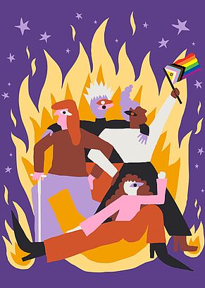 Vier stilisierte Personen vor einer großen Flammenkulisse, eine Person hält eine Regenbogenfahne