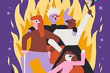 Vier stilisierte Personen vor einer großen Flammenkulisse, eine Person hält eine Regenbogenfahne