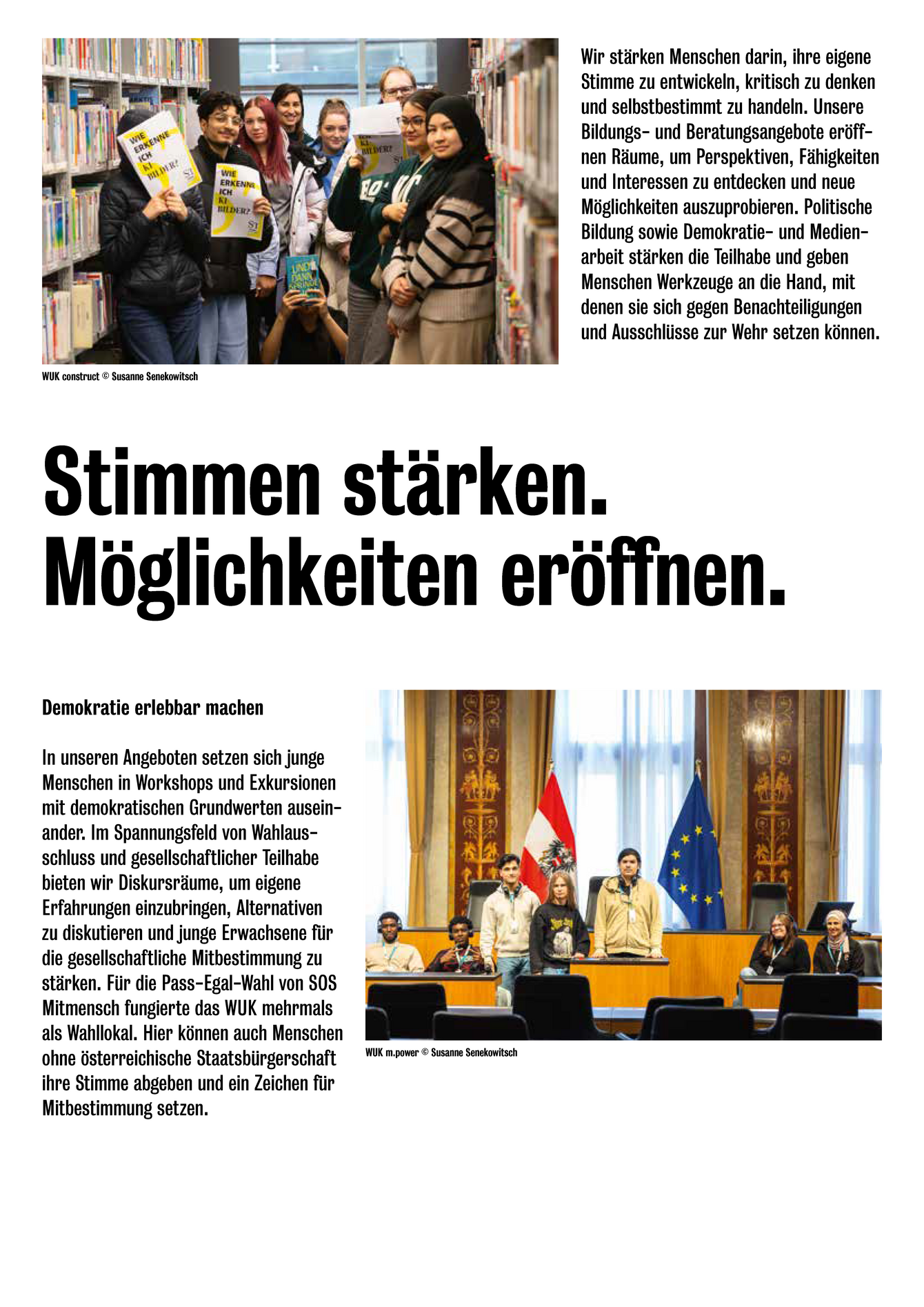 Ausstellungsplakat der Ausstellung 45 Jahre WUK Bildung und Beratung mit historischen Fotos und der Überschrift "Stimmen stärken. Möglichkeiten eröffnen."