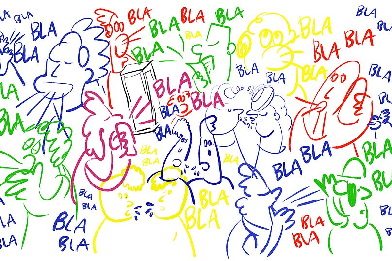 Bunte Strichzeichnungen von mehreren Personen, die laut sprechen, umgeben von vielen 'BLA'-Schriftzügen in verschiedenen Farben