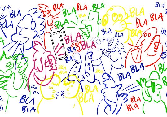Bunte Strichzeichnungen von mehreren Personen, die laut sprechen, umgeben von vielen 'BLA'-Schriftzügen in verschiedenen Farben