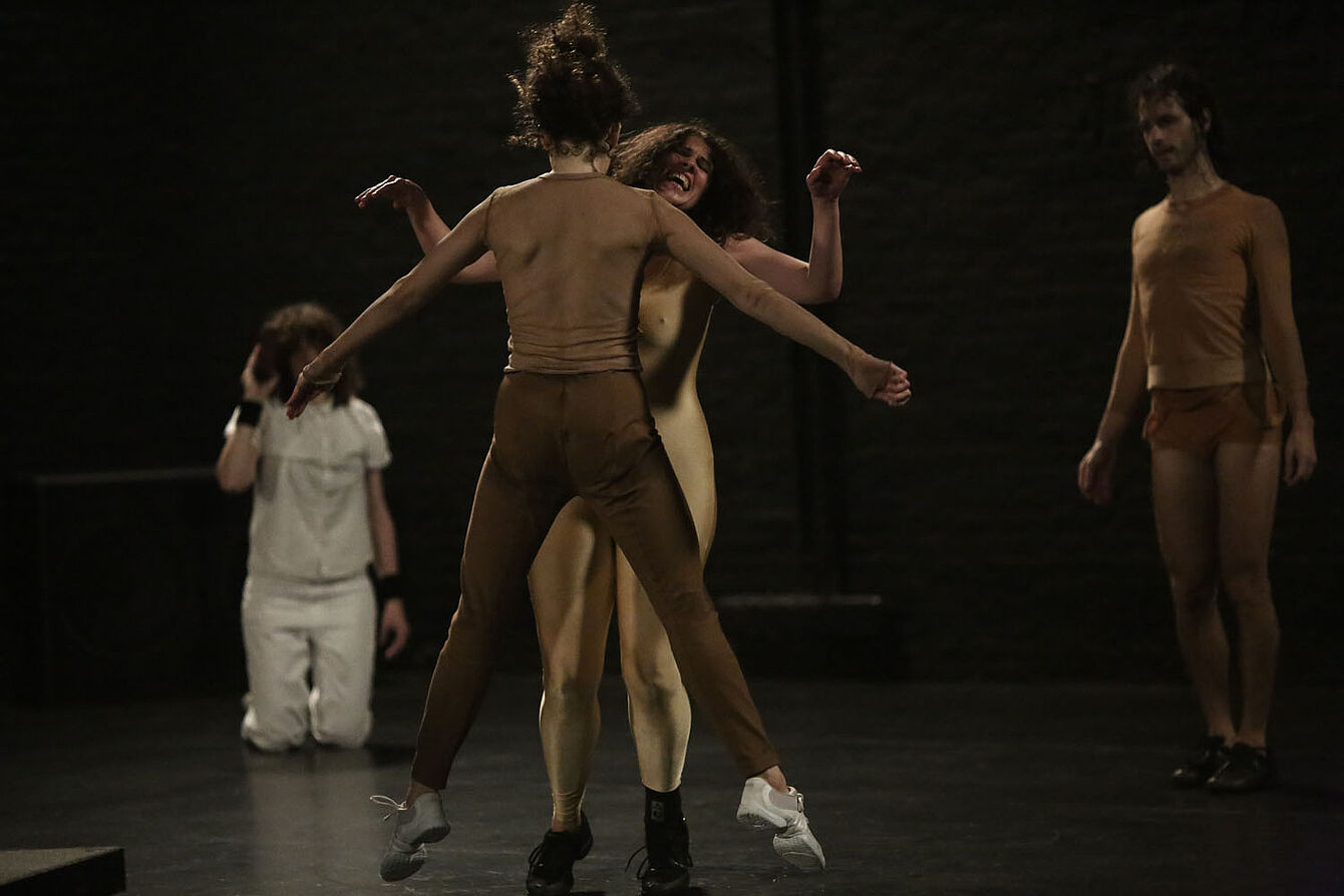 Moriah Evans, Configure. Performance view, The Kitchen, 2018. From left- Ka Baird, Nicole Mannarino, Moriah Evans and João dos Santos Martins