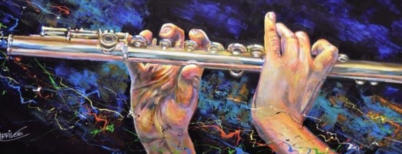 ein gemaltes Bild auf dem zwei Hände auf einer Flöte spielen
