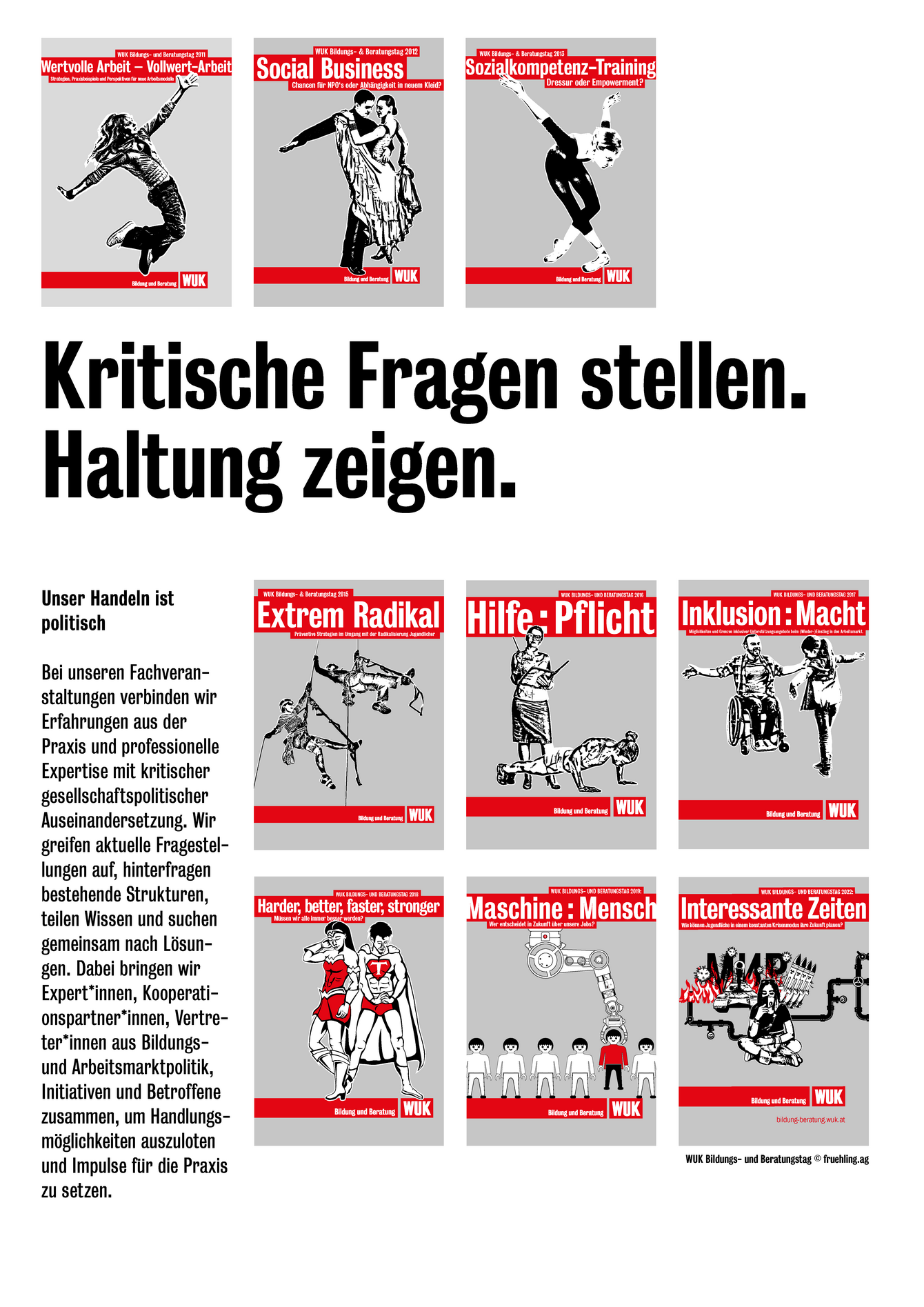 Ausstellungsplakat der Ausstellung 45 Jahre WUK Bildung und Beratung mit historischen Fotos und der Überschrift "Kritische Fragen stellen. Haltung zeigen."