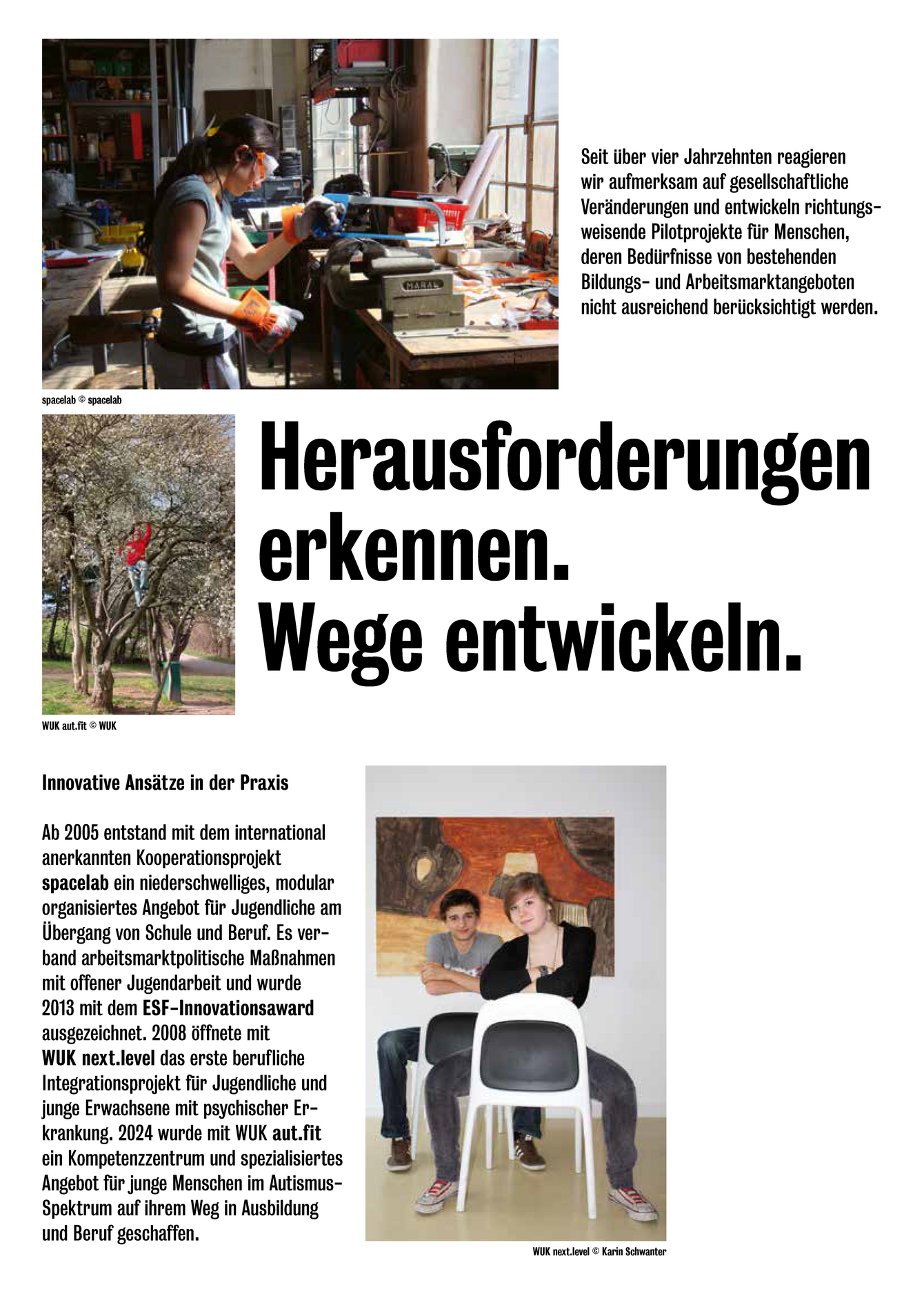 Ausstellungsplakat der Ausstellung 45 Jahre WUK Bildung und Beratung mit historischen Fotos und der Überschrift "Herausforderungen erlennen. Wege entwickeln."