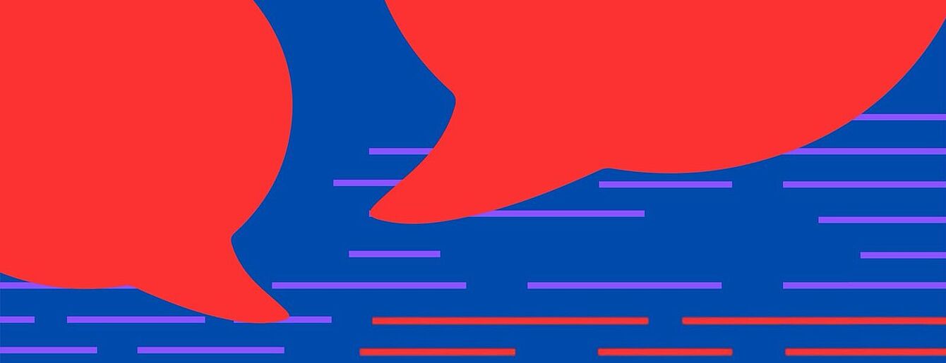 Abstrakte Grafik mit roten Sprechblasen auf blauem Hintergrund und lila sowie roten Linien