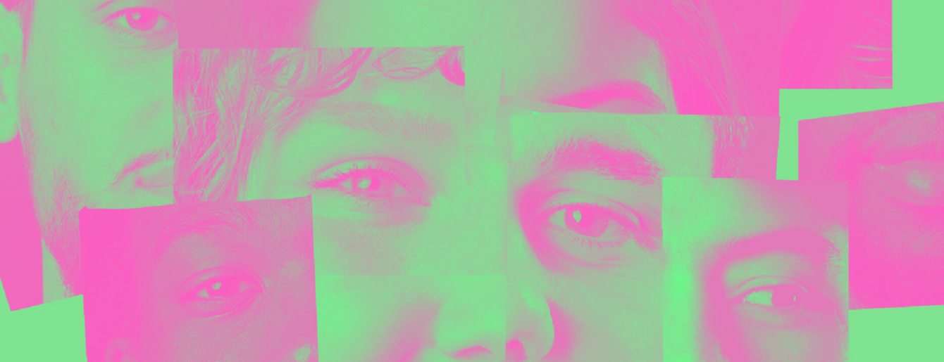 Eine Fotocollage von Augen und anderen Gesichtsteilen in Pink und Grün.