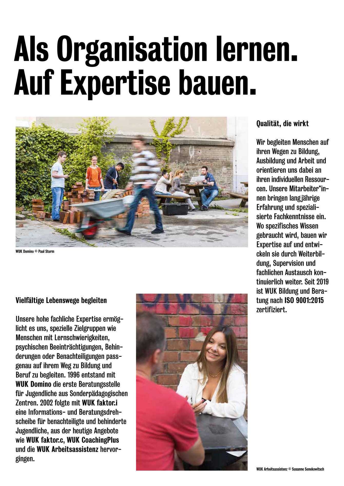 Ausstellungsplakat der Ausstellung 45 Jahre WUK Bildung und Beratung mit historischen Fotos und der Überschrift "Als Organisation lernen. Auf Expertise bauen."