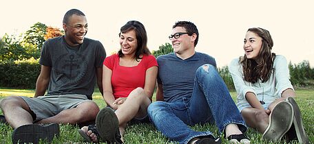 4 junge Menschen sitzen im Gras