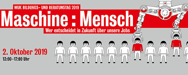 Sujet vom Bildungs- und Beratungstag 2019: Aus einer Reihe von Menschen werden einzelne von einer Maschine aussortiert