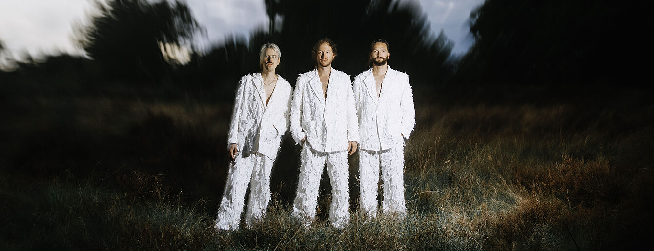 Die Band KYTES, drei Personen in weißen Anzügen stehen auf einer Wiese im Abendlicht und blicken in die Kamera