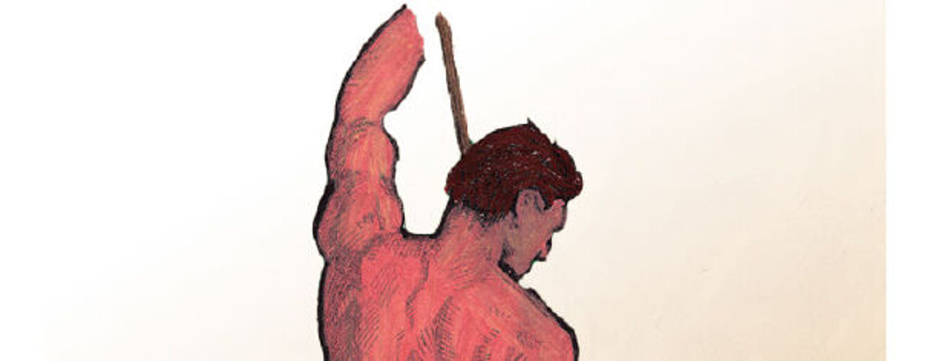 ein Ausschnitt aus einem Gemälde. Es zeigt den Rücken eines nackten Mannes 