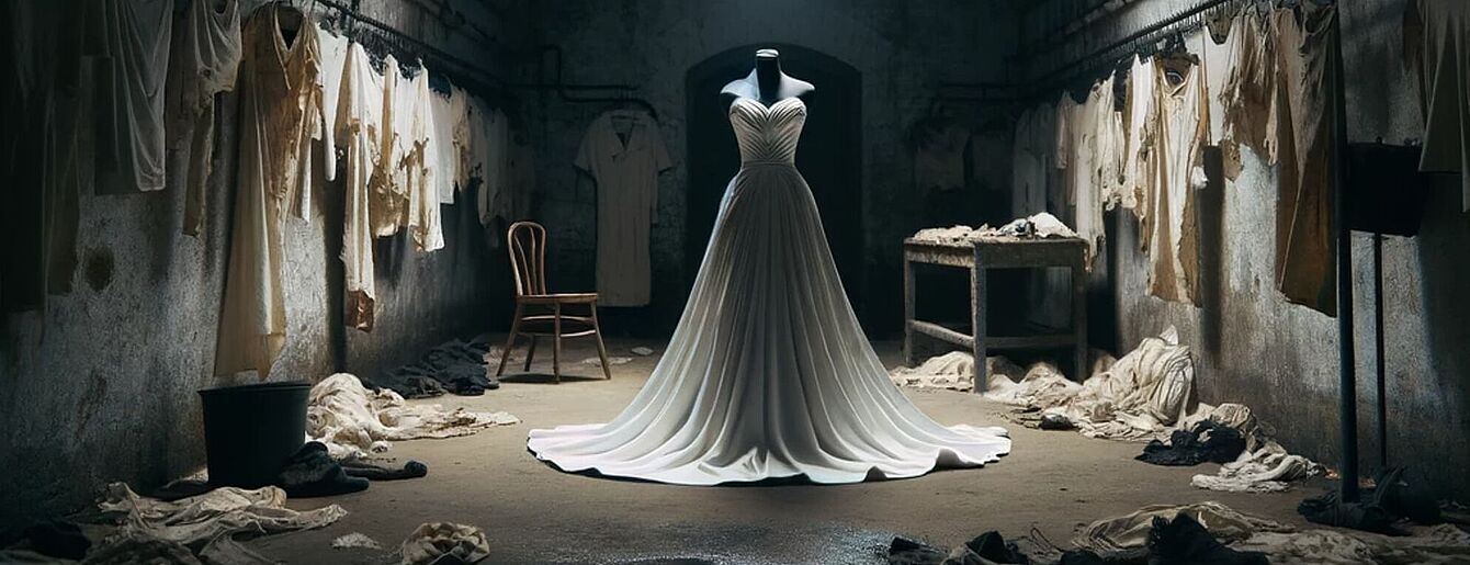 Weißes, langes Brautkleid auf einer Schaufensterpuppe in einem dunklen, alten Raum mit hängender und auf dem Boden liegender Kleidung