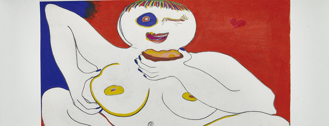 Eine figurative Ölmalerei einer nackten, hellhäutigen weiblichen Figur, die mit einer Hand ihre Brust berührt und in der anderen eine halb aufgegessene Frucht hält, mit einem Auge zwinkert und die Zunge herausstreckt, während Flüssigkeit aus ihrer Vulva austritt.