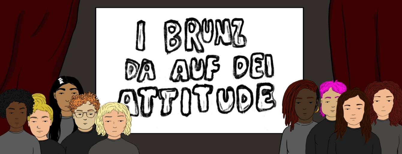 Ein Still aus einem Animationsfilm: Auf einer Kinoleinwand steht: I brunz da auf dei Attitude