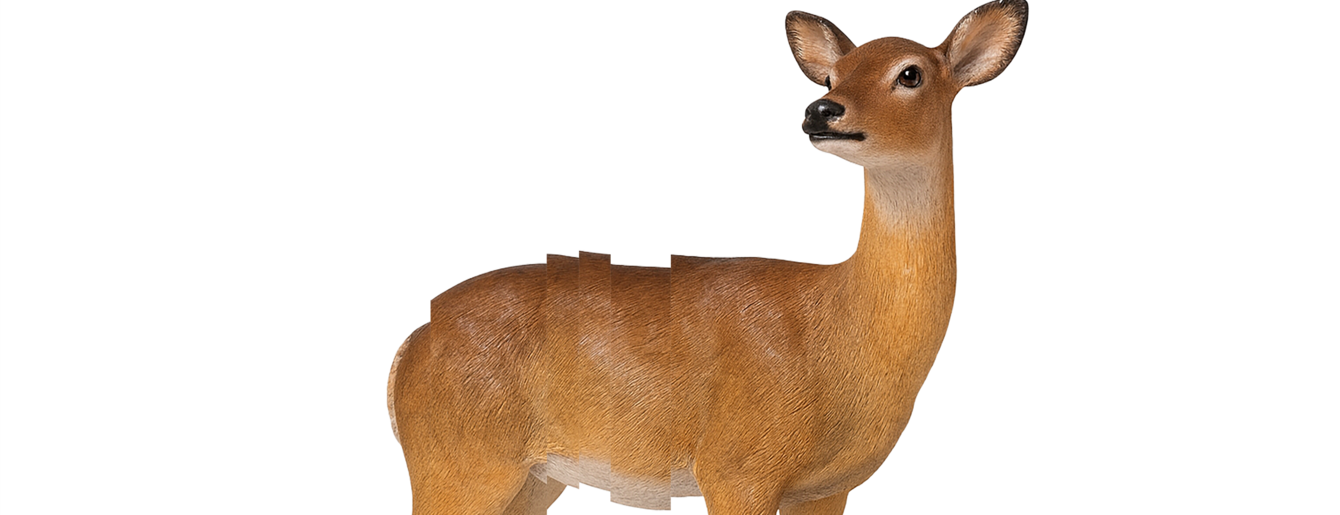 An image of a deer that is standing. It has brown fur and a black nose. The image was created with a computer. The background is white and the edges of the deer are a little bit distorted.