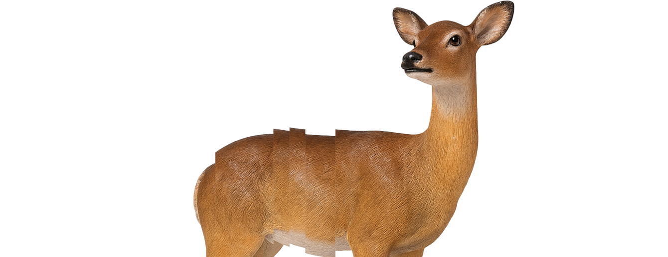 Das Bild zeigt ein stehendes Reh mit braunem Fell und schwarzer Nase. Das Reh wurde mit dem Computer erstellt. Der Hintergrund ist weiß. Das Bild ist leicht verzerrt.