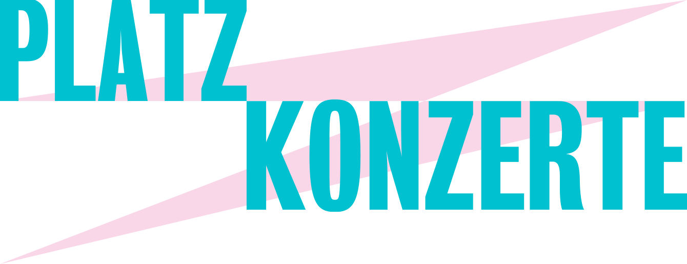 Schriftzug 'PLATZ KONZERTE' in türkis mit zwei rosa Dreiecken im Hintergrund
